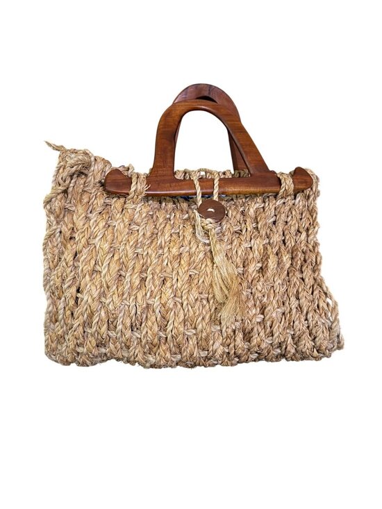 Handbags - Vintage Woven Straw Handbag With Wooden Handles & Button Loop Closure